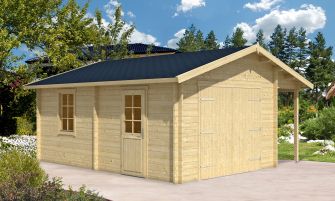 Houten garage met overkapping NANTES | 359 x 539 cm | Houten garagedeur | Wanddikte 44 mm