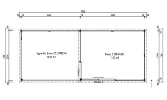 Tuinhuis met overkapping Baléo 2 | Platdak | 28mm | 736x296cm