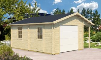 Houten garage met overkapping NANTES | 359 x 539 cm | Gemotoriseerde sectionaaldeur | Wanddikte 44 mm