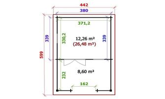 Tuinhuis Blois 380 x 340 x 263 cm + Luifel 236 cm | Zadeldak | Wanddikte 44mm